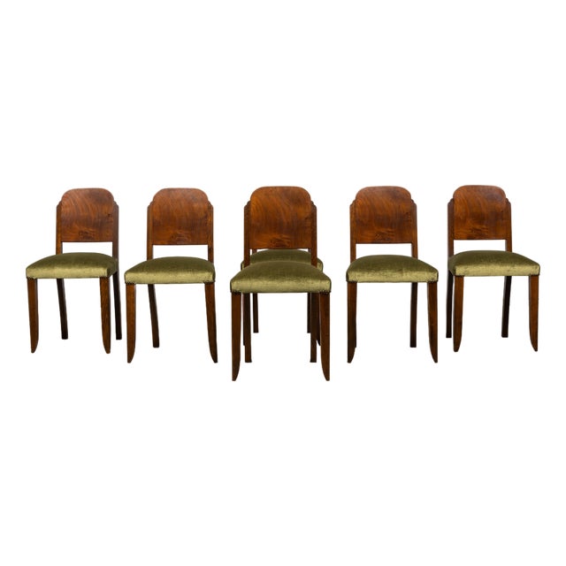 Set of 6 French Art Deco Walnut Dining Chairs in Olive Green Velvet, 1930s For Sale