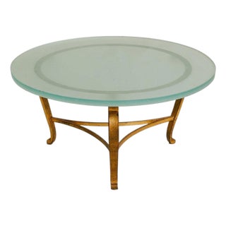 French Gilt Metal + Frosted Glass Coffee Table, 1960s For Sale