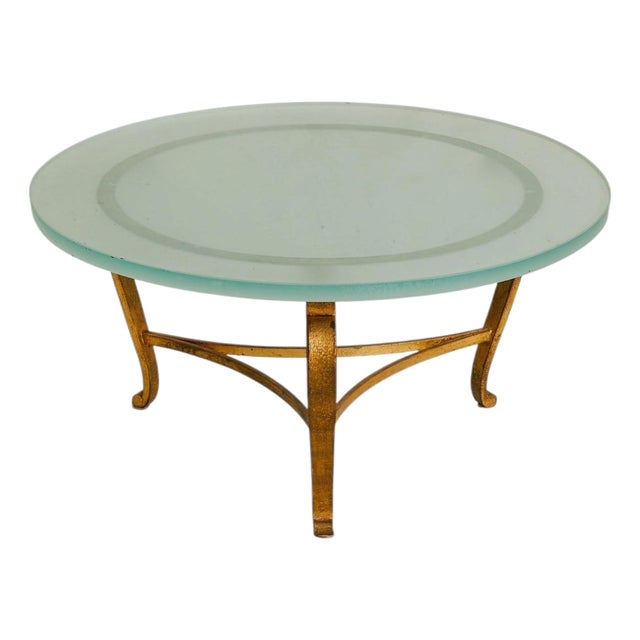 French Gilt Metal + Frosted Glass Coffee Table, 1960s For Sale
