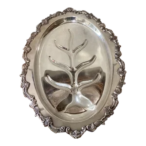 Vintage English Silver Plate Serving Tray, Embossed Border, Meat Well
