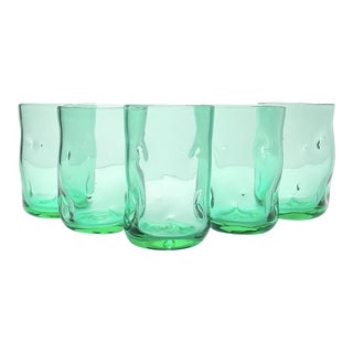 Blenko Set of 5 Hand Blown Dimpled Green Tumbler Glasses For Sale