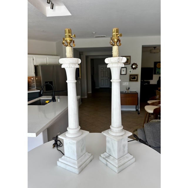 1960s Tall Italian Column Neoclassic Alabaster Table Lamps - a Pair For Sale - Image 17 of 18