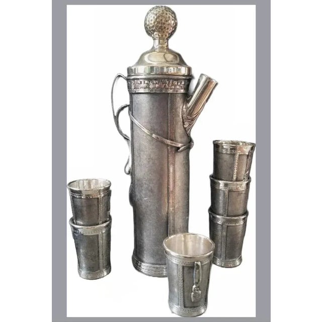 Metal Antique Novelty Silver Plated 'Golf Bag' Cocktail Shaker Set with Glasses C.1920 For Sale - Image 7 of 7