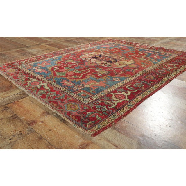 Red Early 20th Century Antique Persian Serapi Rug, 04'09 X 06'01 For Sale - Image 8 of 11
