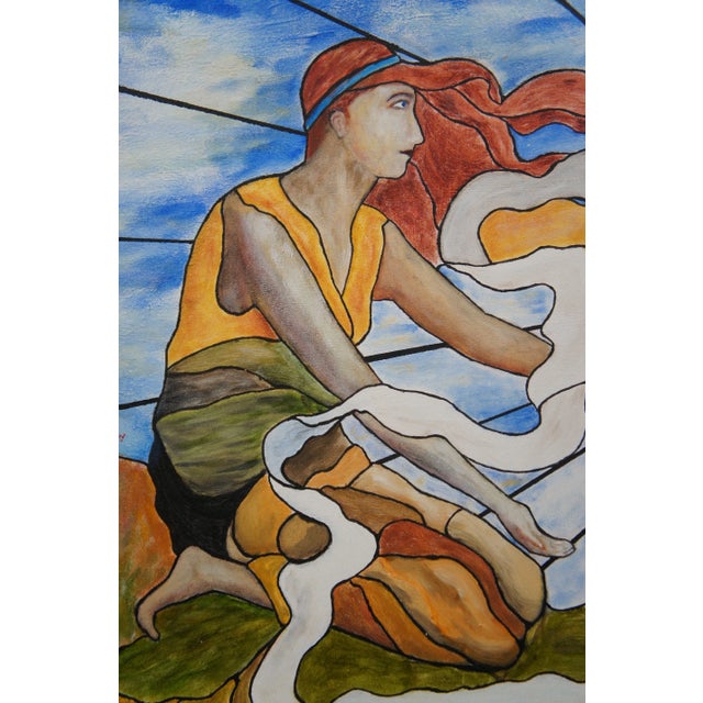 Late 20th Century Steve Knowls Art Nouveau Oil Painting After Tiffany's Woman Greeting the Sun 26" For Sale - Image 5 of 9