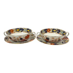 Antique Woods Ware Wincanton Blue and Rust Flat Cream Soup Bowl & Saucer Set
