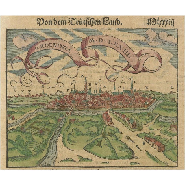 Hand-Colored Woodcut City View of Groningen 1573 from Münsters Cosmographia For Sale - Image 10 of 10