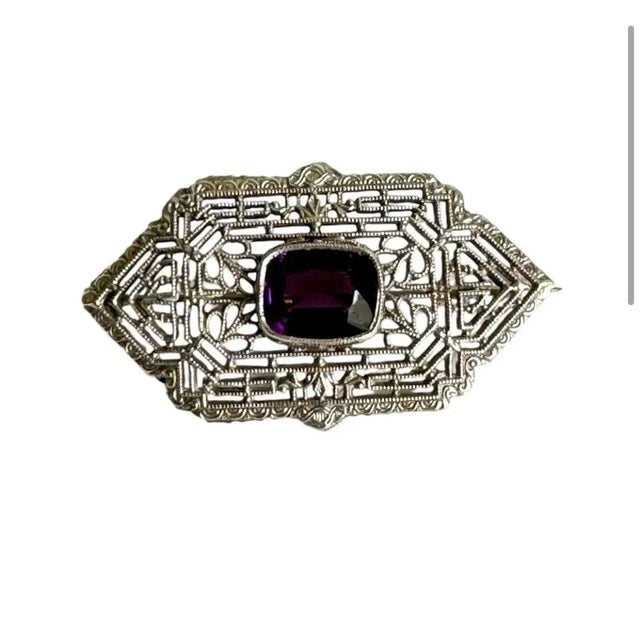 10K White Gold Filigree Brooch Amethyst Antique Ornate Pin Estate Piece I am unsure of the age of this piece, it could be...