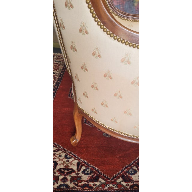 Wood 1940s French Carved Wing Chair Bumble Bee Fabric For Sale - Image 7 of 12