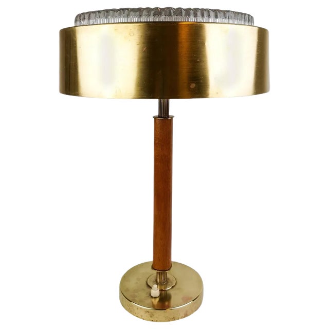 Swedish Mid-Century Table Lamp in Brass, Crystal and Wood from Boréns For Sale