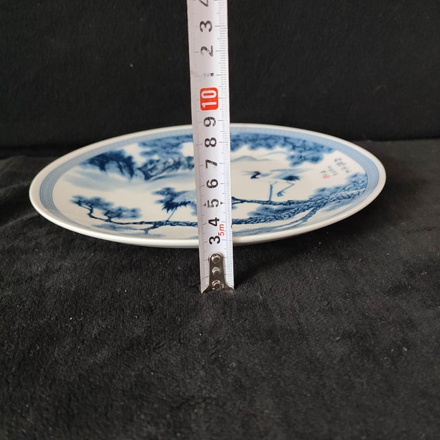 White Chinese Ceramic Plate,Blue and White Porcelain Plate Hand Painted Cranes and Pine Pattern For Sale - Image 8 of 10