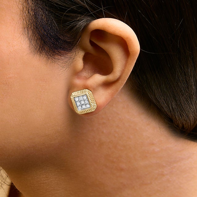 Haus of Brilliance 10K Yellow Gold Plated .925 Sterling Silver 1/6 Cttw Diamond Textured Halo Stud Earrings For Sale - Image 4 of 5