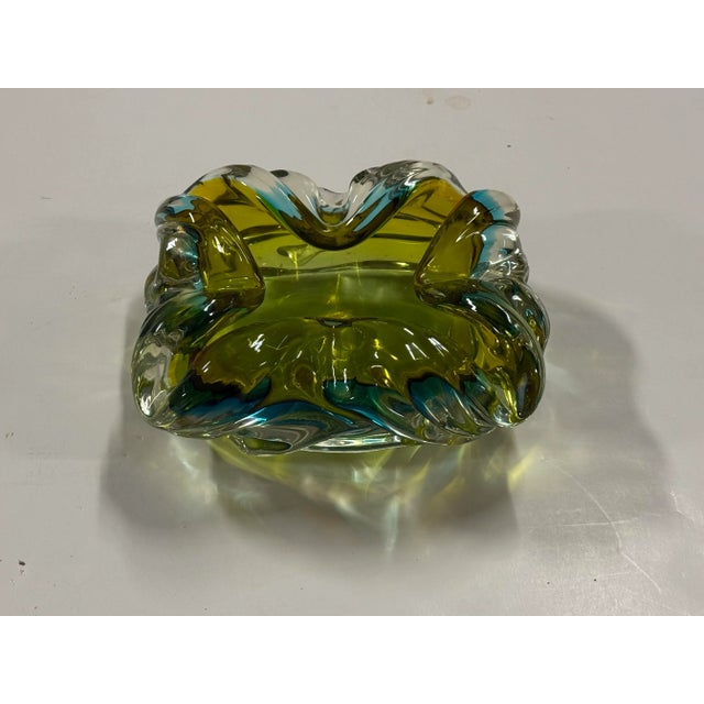 Murano Style Hand Blown Green With Blue Ashtray For Sale - Image 10 of 12