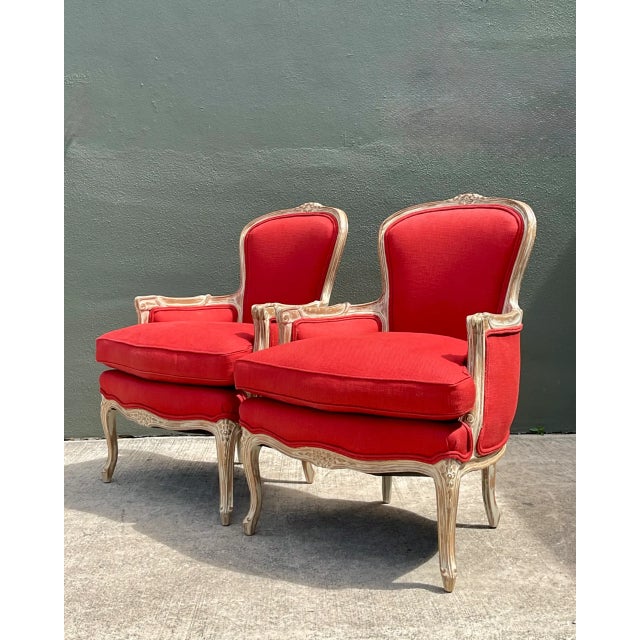 Vintage Carved Wood Upholstered Bergere Chairs - A Pair For Sale - Image 11 of 12