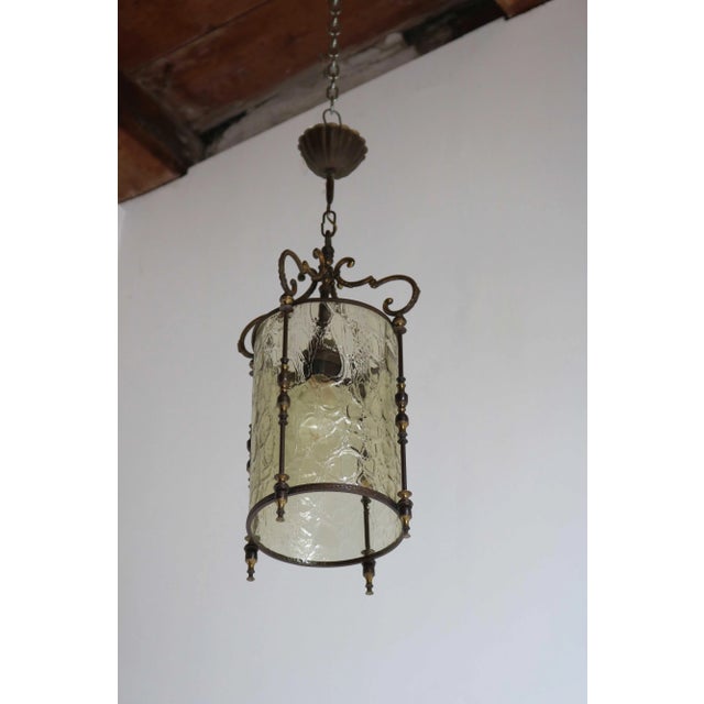 Vintage Brass and Textured Glass Pendant Lantern, France, 1950s For Sale - Image 4 of 13