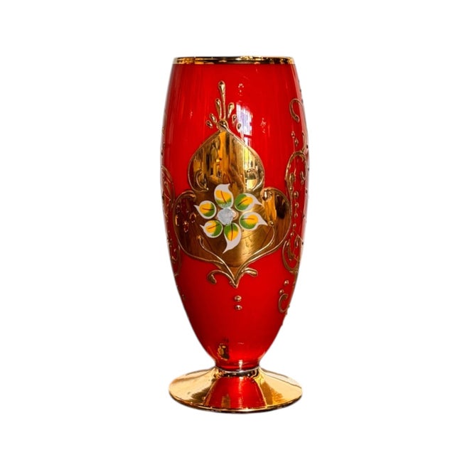 Mid 20th Century Bohemian Hand-Enameled Cased Glass Pitcher & Goblet Set With Ornate Gold Overlay - 7 pcsc For Sale - Image 9 of 11