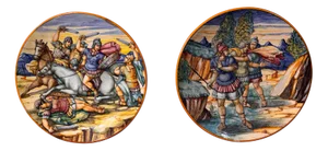 Italian Painted Ceramic Maiolica Dishes from Urbino, 1920s, Set of 2