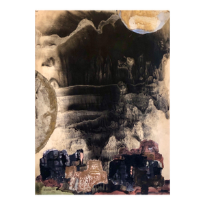 Yitzhak GreenfieldKibbutz Abstract Jerusalem Nightscape Israeli Tempera Collage Painting Judaica, 1967