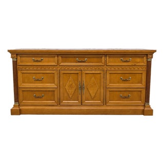 Vintage Art Deco Stanley Furniture Solid Wood Triple Dresser/Credenza With Maple Accents For Sale