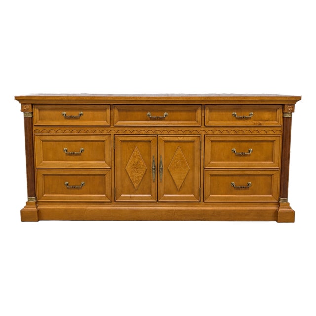 Vintage Art Deco Stanley Furniture Solid Wood Triple Dresser/Credenza With Maple Accents For Sale