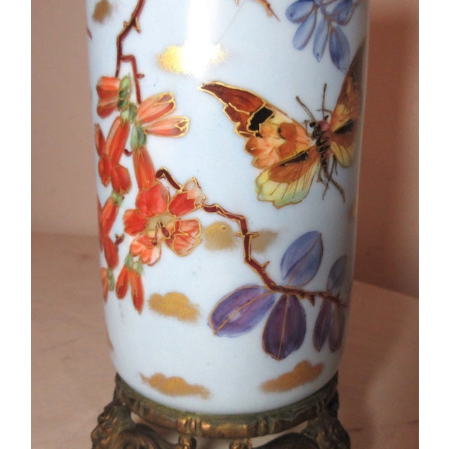 Metal Share Antique Handmade Painted Porcelain Figural Gilt Bronze Chinese Cylindrical Vase For Sale - Image 7 of 12