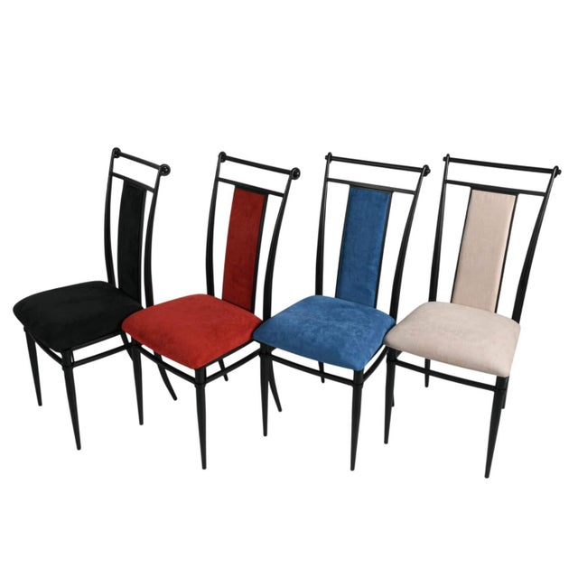 Postmodern Set of 4 Postmodern Faux Suede Dining Chairs in Mixed Colors With Black Metal Frames For Sale - Image 3 of 4