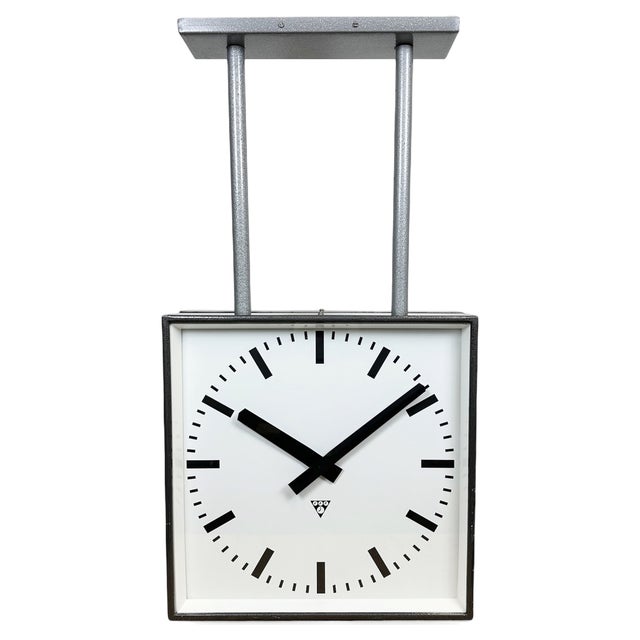 Large Industrial Square Double Sided Factory Ceiling Clock from Pragotron, 1970s For Sale