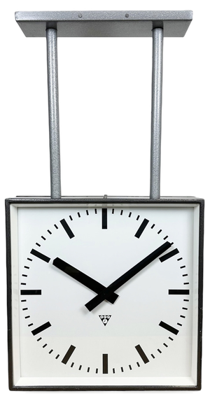 Large Industrial Square Double Sided Factory Ceiling Clock from Pragotron, 1970s