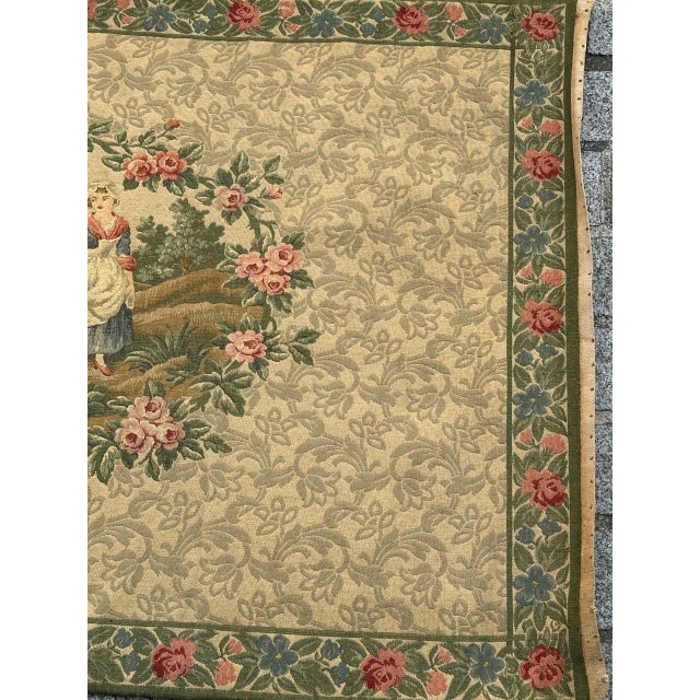 Elegant 20th century Aubusson-style tapestry featuring a charming romantic pastoral scene inspired by 18th century French...