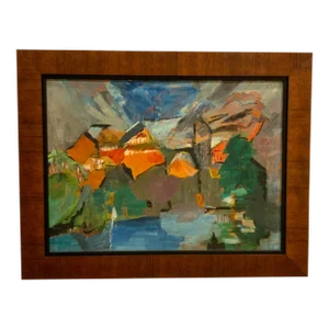 Mid-Century Modern Impressionistic Landscape Oil Painting on Board by Dora G. Schatz