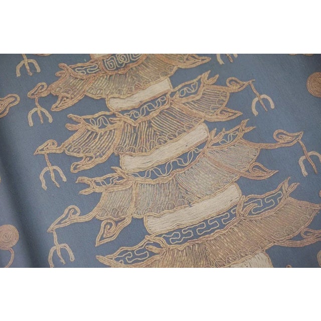 Textile 1800s Blue Scenic Architectural Antique Chinese Silk Embroidery 1'9"x 1'10" Flatweave Carpet Rug For Sale - Image 7 of 12