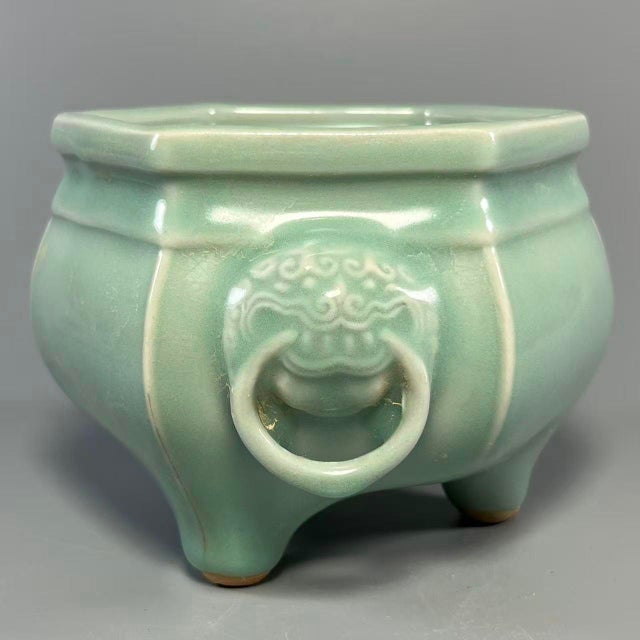Beautiful Chinese Longquan celadon hexagonal censer, traditional incense burner with beast head ring handles and tripod...