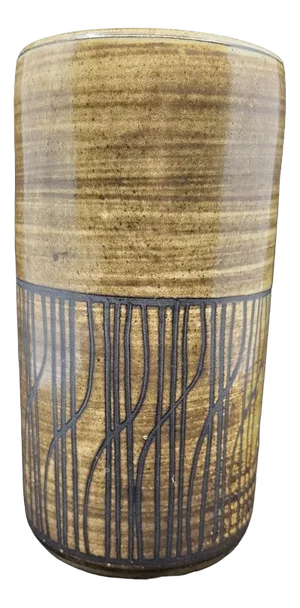 Ceramic Cylindrical Vase with Brown Glaze and Dark Incised Geometric Decor by Dominique Pouchain