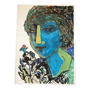 1970’s E.J.Hartmann Abstract Female Portrait Painting With Butterfly Signed