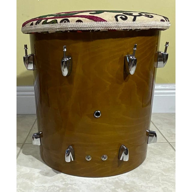 American Vintage Suzani Upholstered Drum Wood Stool For Sale - Image 3 of 13