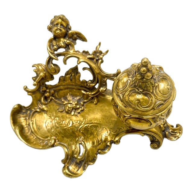 Antique Austro-German Rococo Revival Brass Inkwell With Cherub - Marked Geschützt For Sale
