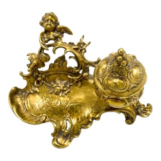 Austro-German Rococo Revival Brass Inkwell With Cherub - Marked Geschützt For Sale
