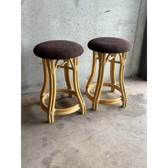 Wood Vintage McGuire Style Rattan Counter Stools in Bouclé, a Pair For Sale - Image 7 of 7