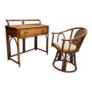 Vintage Rattan Bamboo Desk or Vanity & Matching Swivel Chair For Sale
