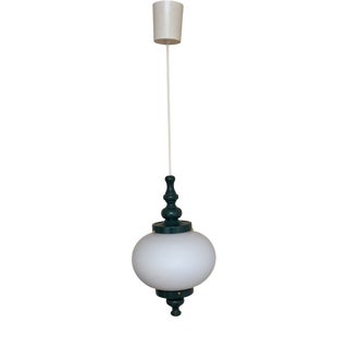 Vintage Ceiling Lamp with White Opaque Glass Shade on Green Metal and Beech Wood Mount For Sale