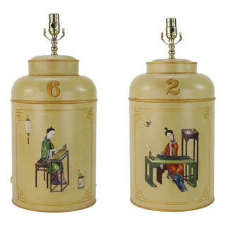 A Pair 1990s British Chinoiserie Hand-Painted Tin Tea Canister Table Lamps For Sale