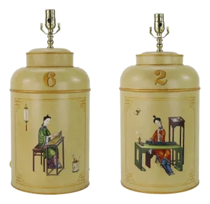A Pair 1990s British Chinoiserie Hand-Painted Tin Tea Canister Table Lamps