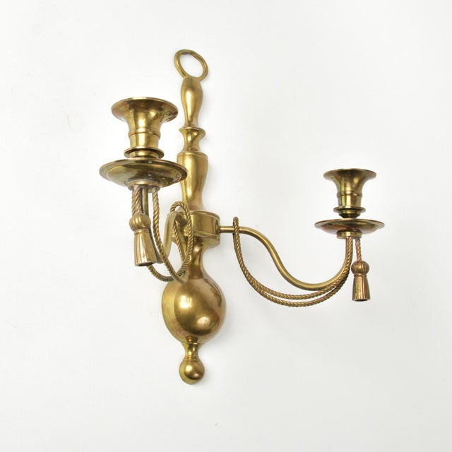 Hollywood Regency Pair of Hollywood Regency Brass Rope & Tassel Wall Sconces | Double Taper Wall Candle Holders For Sale - Image 3 of 15