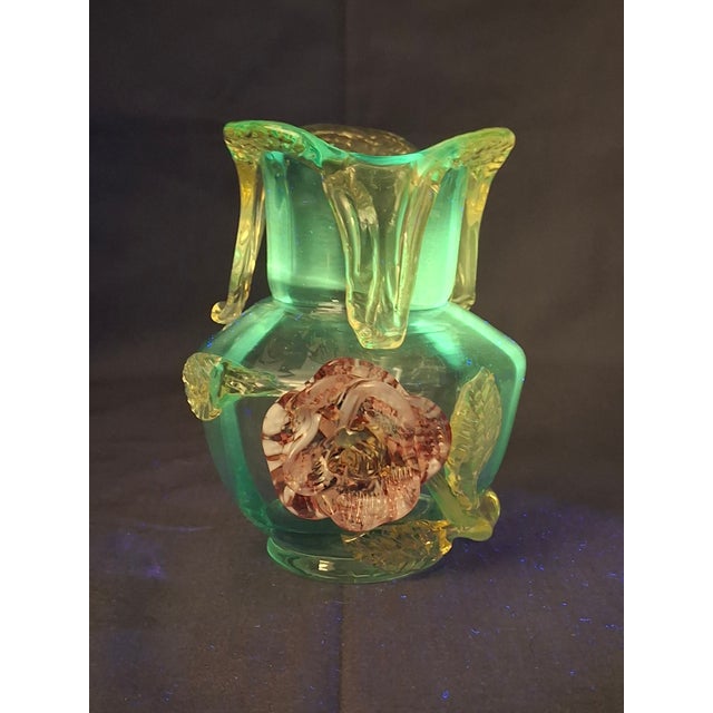 Rare Stevens & Williams Manganese Uranium Glass Bud Vase Applied Rose and Rigaree Feet C 1880 For Sale - Image 18 of 18