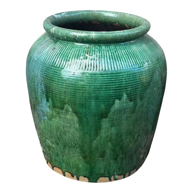 Vintage Chinese Green Glazed Ceramic Soy Sauce Jar For Sale