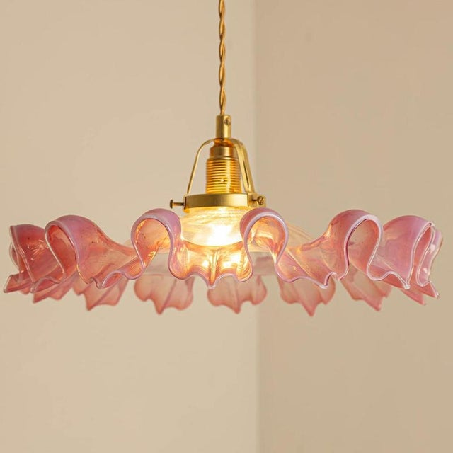 Art Deco Ruffled Murano Hand Blown Glass Pendants in Pink and White, 1940 For Sale - Image 9 of 11