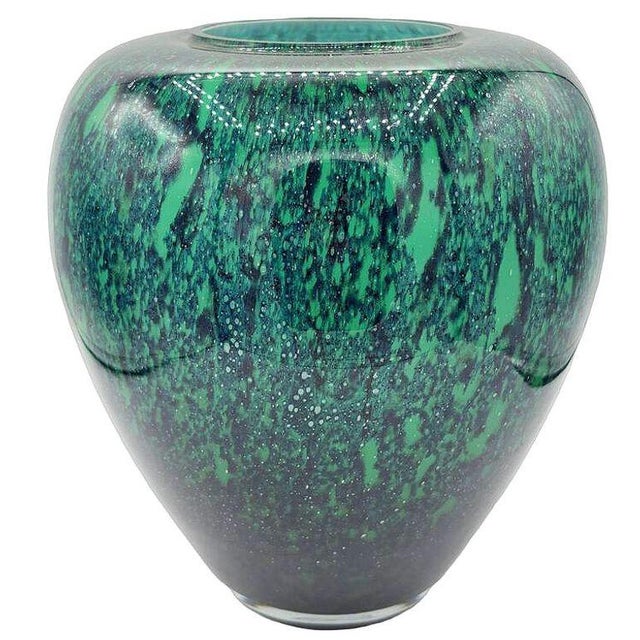 1980s Large Hand-Blown Blue & Emerald Marbled Leaded Art Glass Vase, Unsigned For Sale - Image 4 of 6