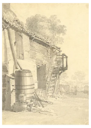 John Monro, Farmyard Study, Original Grey Wash Drawing, 1830s, Graphite & Paper Watercolour