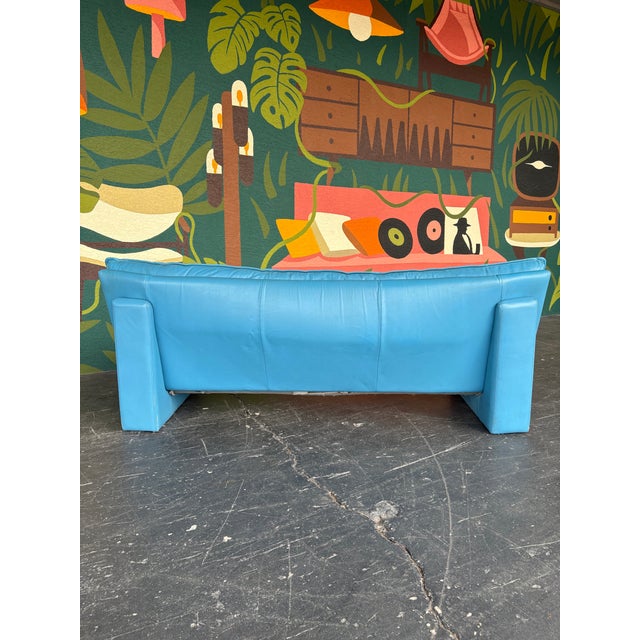 Postmodern Vintage Postmodern Italian Nicoletti Attrb Blue Leather Sofa For Sale - Image 3 of 12