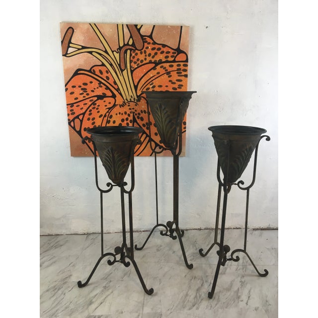 Metal Planters on Stands, Set of Three For Sale - Image 4 of 11